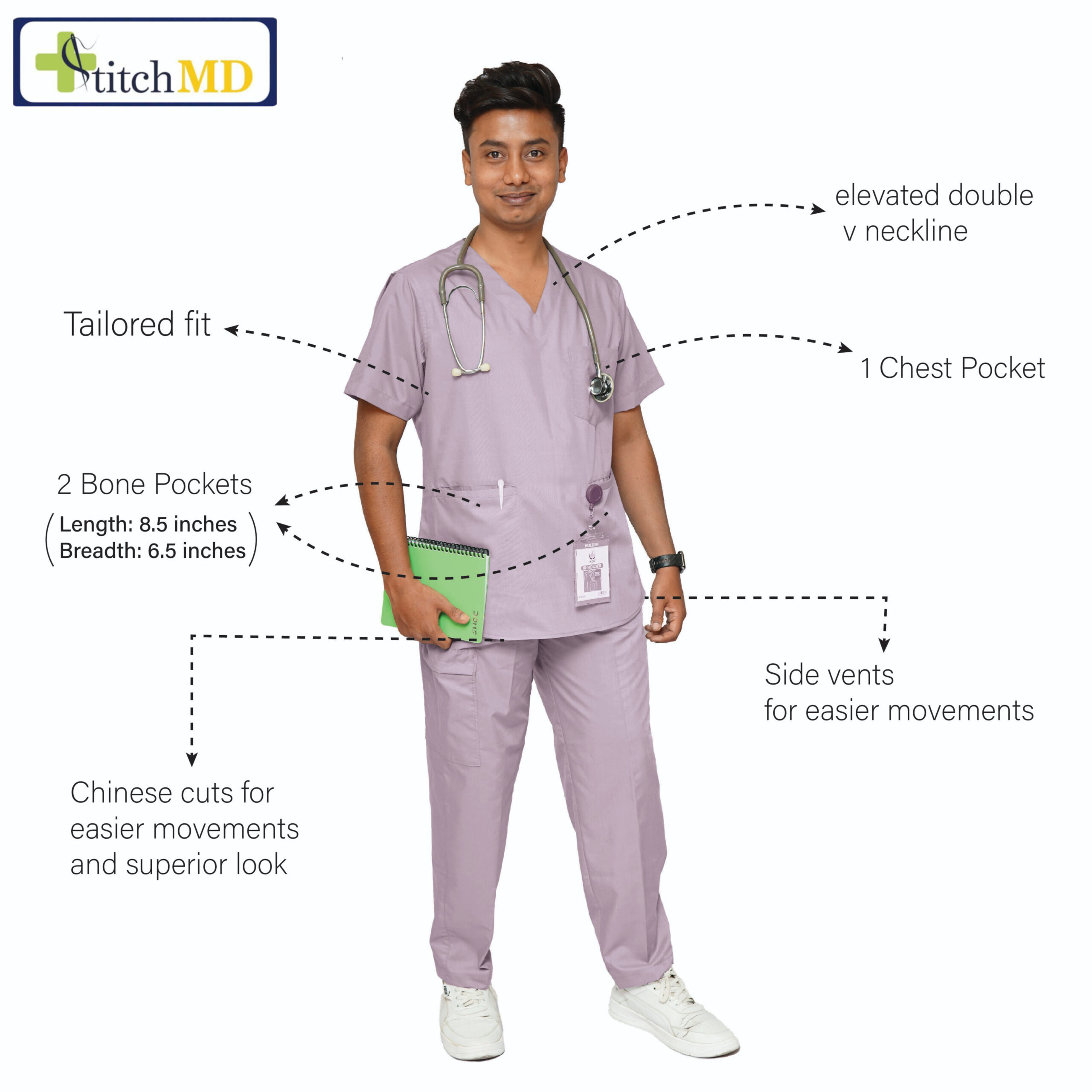 StitchMD Prima Men’s V-neck Scrub Suit with 7 pockets| perfect for doctors, surgeons & medical workers - Image 3