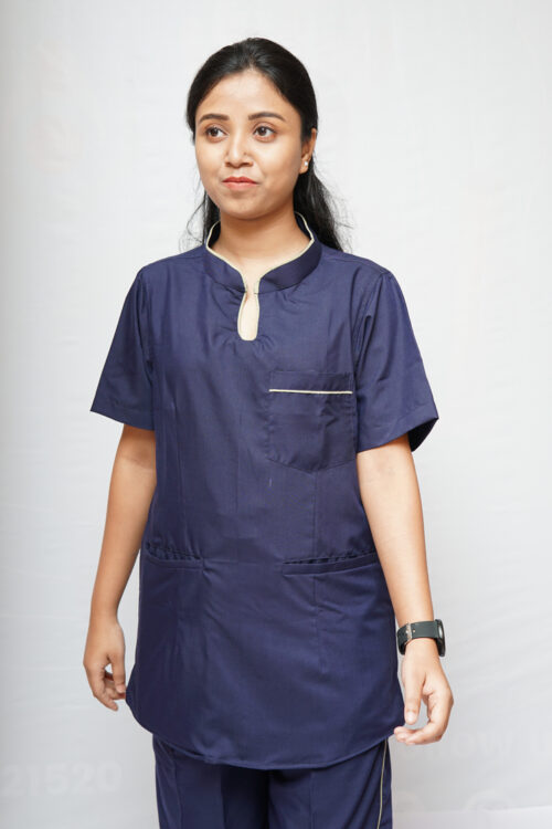StitchMD Women designer Mandarin collar Scrub Top with 3 pockets (Navy Blue)
