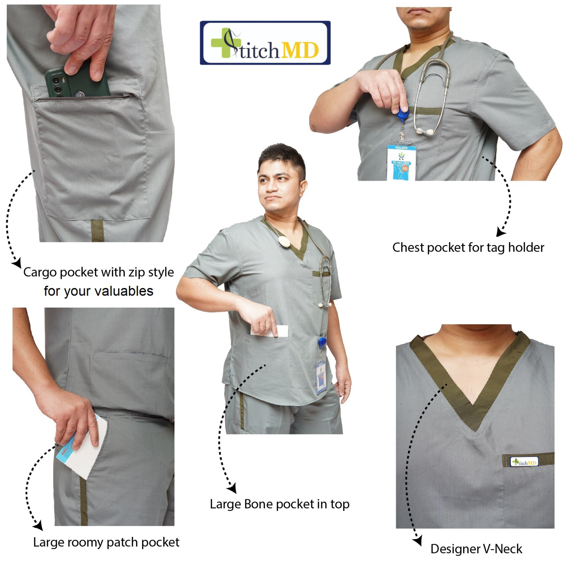 StitchMD Prima Men's Designer V-neck Scrub suit with 7 pockets (Dark Grey) - Image 4