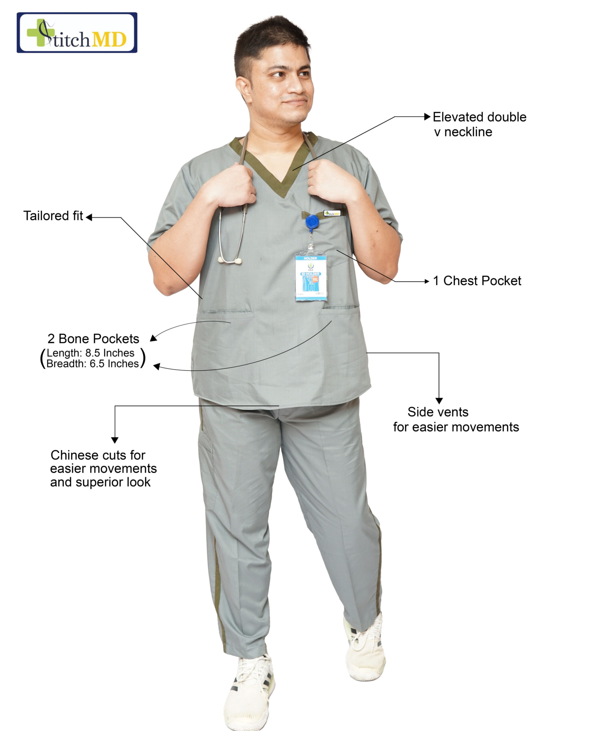 StitchMD Prima Men's Designer V-neck Scrub suit with 7 pockets (Dark Grey) - Image 3