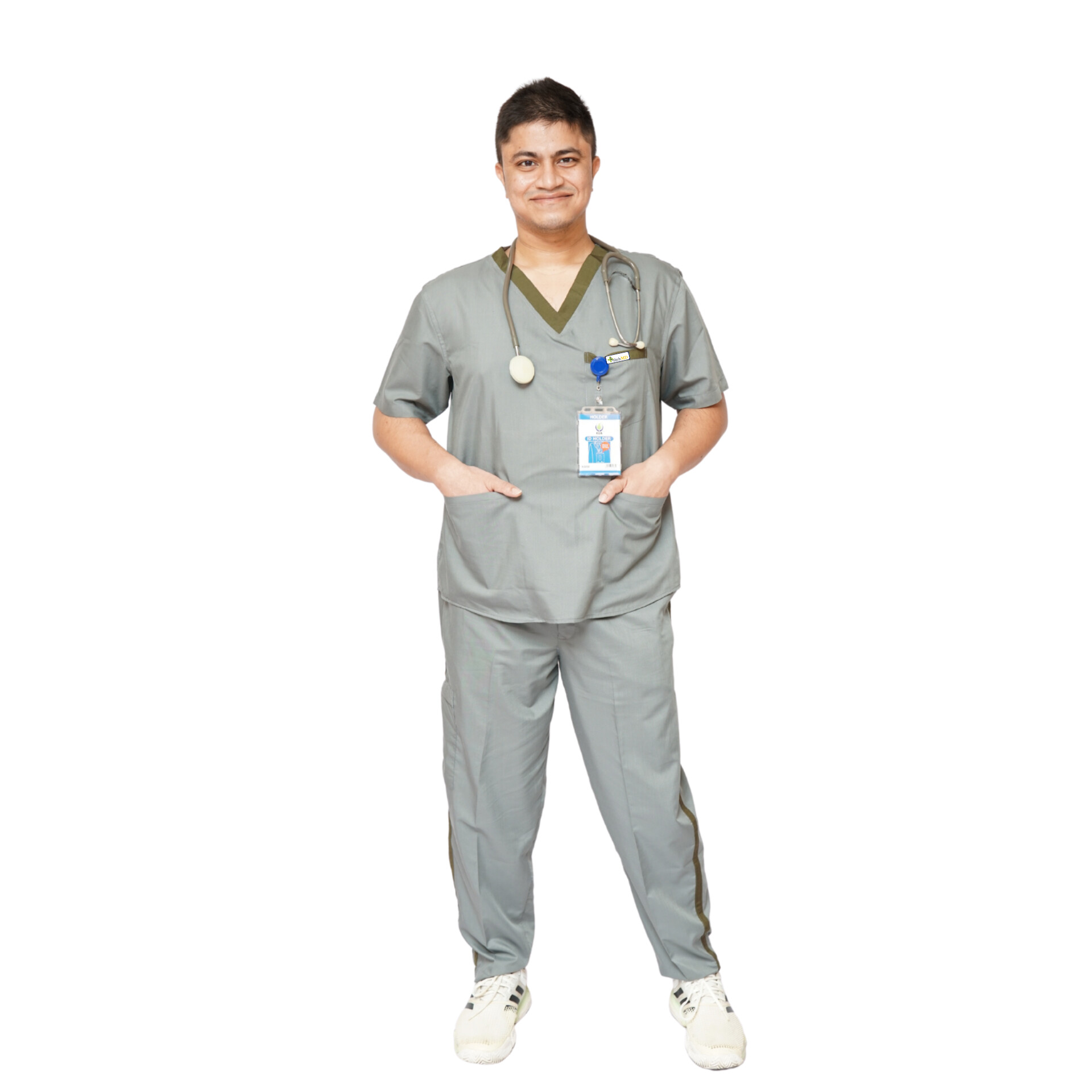 StitchMD Prima Men's Designer V-neck Scrub suit with 7 pockets (Dark Grey)