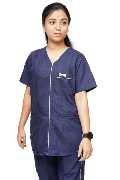 StitchMD Women Designer V-neck Scrub Top with 3 pockets (Navy Blue)
