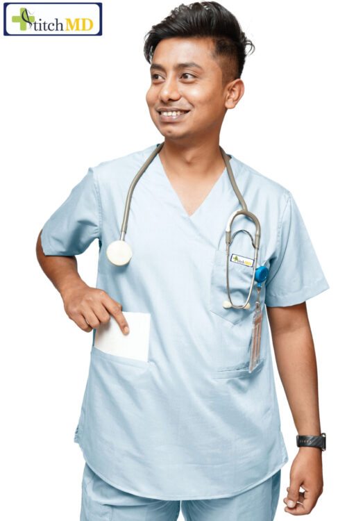 StitchMD Men’s V-neck Scrub Top with 3 pockets (Medical Blue)