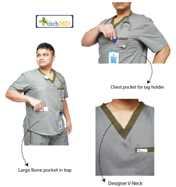 StitchMD Men Designer V-neck Scrub Top with 3 pockets (Dark Grey) - Image 3