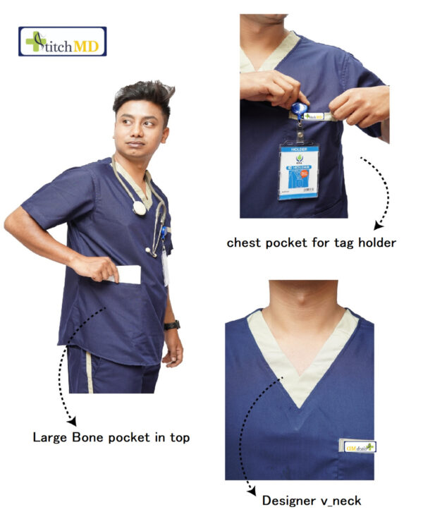 StitchMD Men Designer V-neck Scrub Top with 3 pockets (Navy Blue) - Image 3