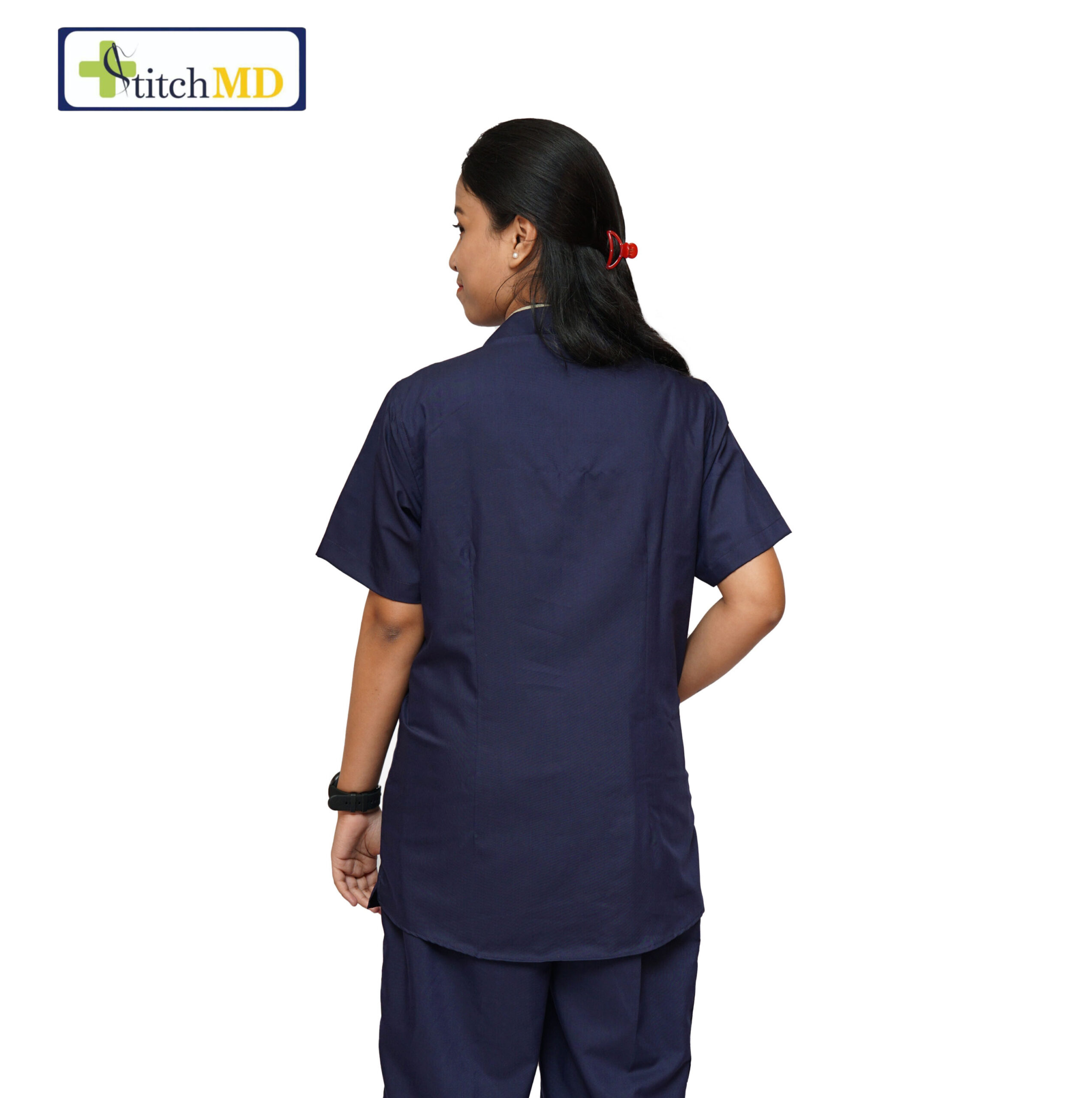 StitchMD Women designer Mandarin collar Scrub Top with 3 pockets (Navy Blue) - Image 2