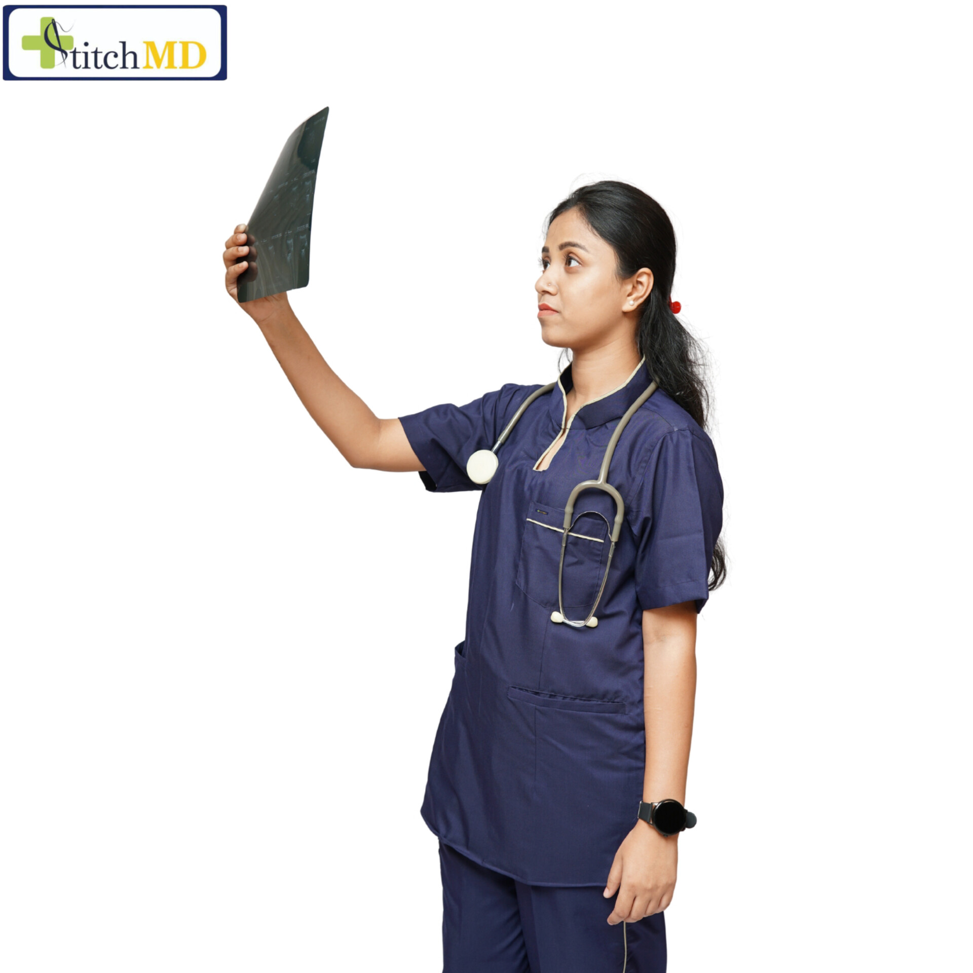 StitchMD Women designer Mandarin collar Scrub Top with 3 pockets (Navy Blue) - Image 3