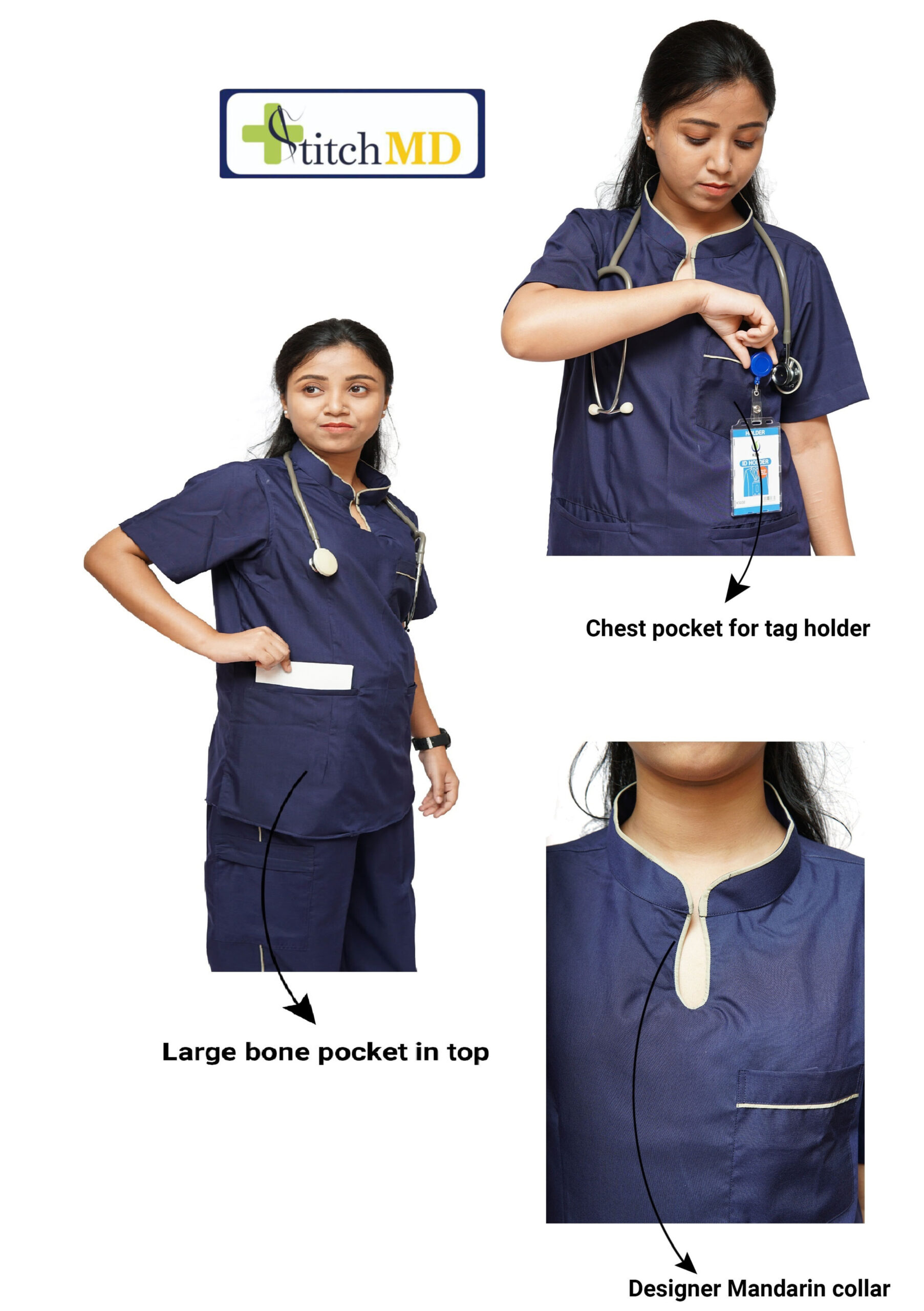 StitchMD Women designer Mandarin collar Scrub Top with 3 pockets (Navy Blue) - Image 4