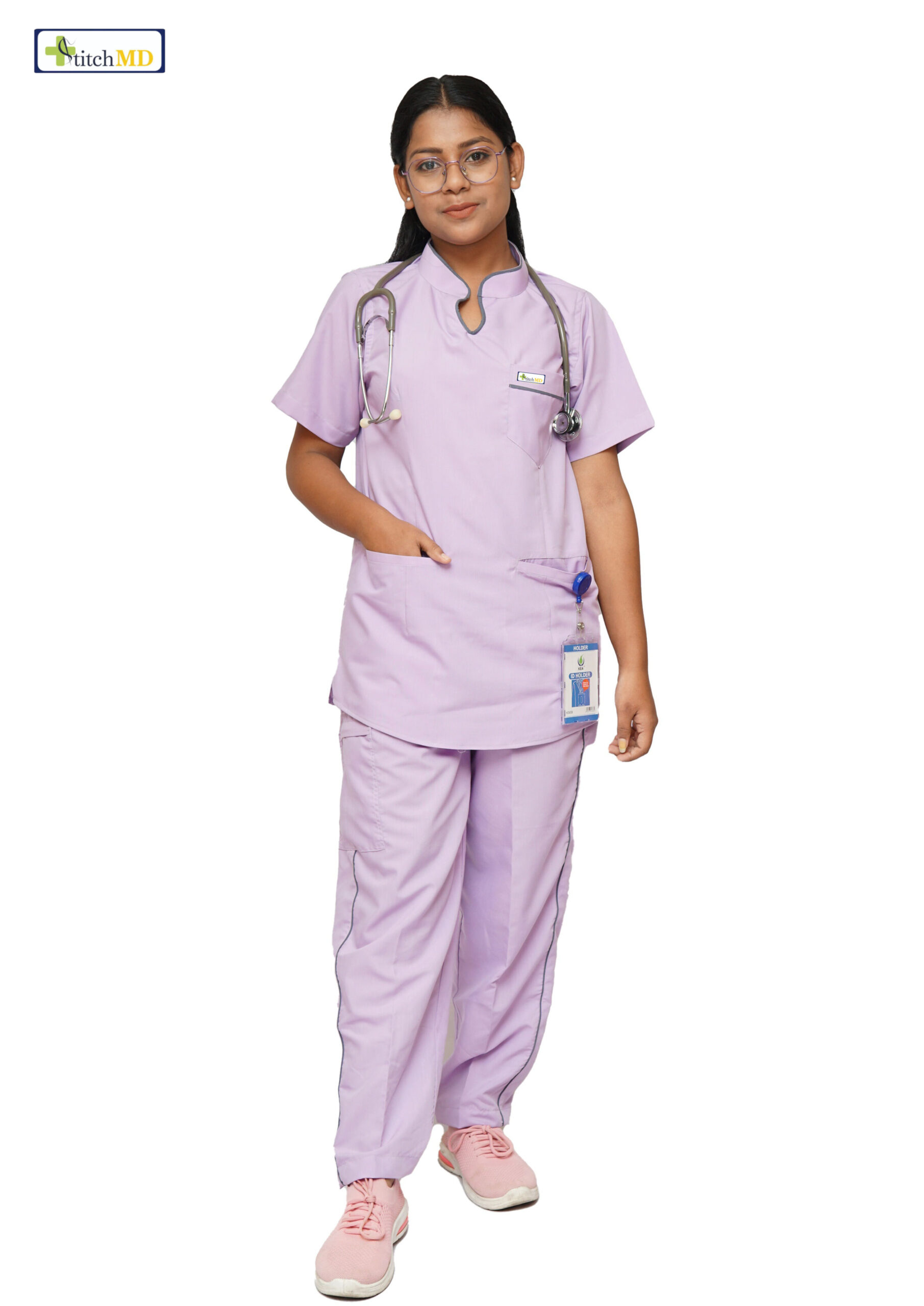 Woman healthcare professional wearing stylish mandarin collar scrubs in lavender