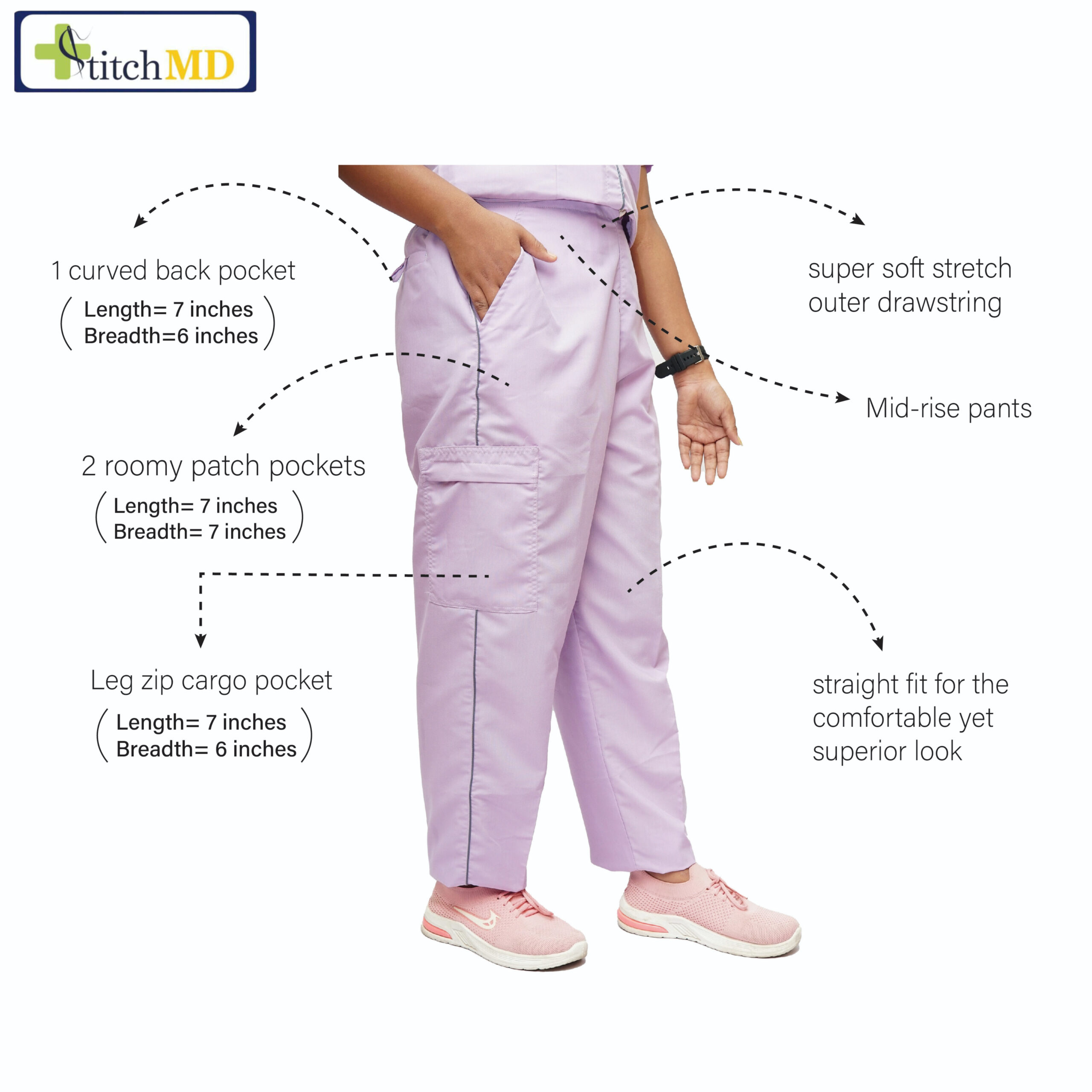 StitchMD Prima Women's Designer Mandarin collar scrub suit with 7 pockets (Lavender) - Image 5