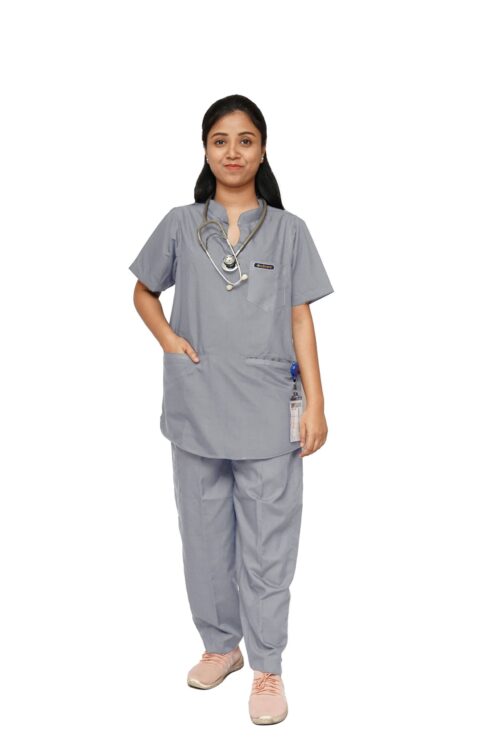 StitchMD Stylish Scrub Suit for Women | Mandarin Collar | 7 Pockets | Dark Grey