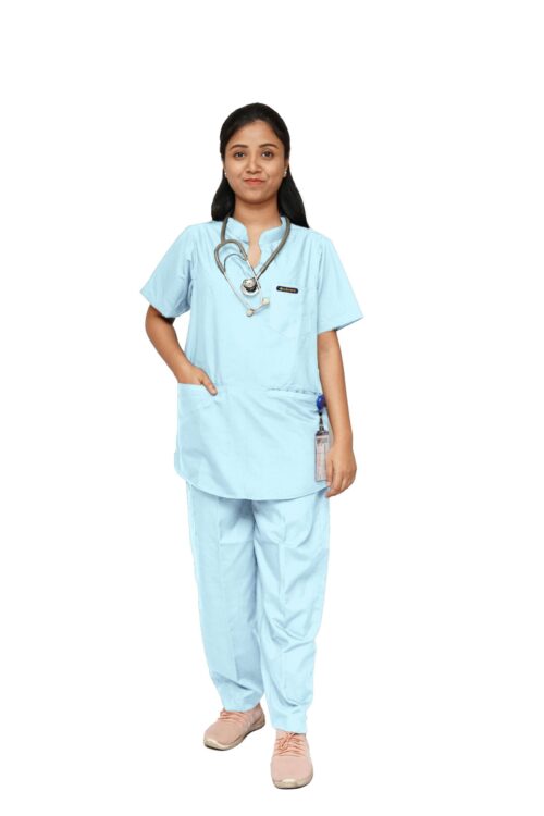 StitchMD Women’s Mandarin Collar Scrub Suit with 7 Pockets-Medical Blue