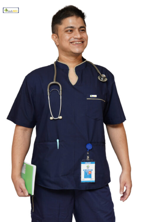 StitchMD Men’s Designer Mandarin Collar Scrub Top with 3 Pockets-Navy Blue