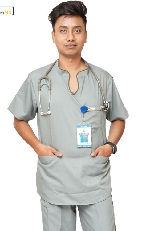 StitchMD Men’s Designer Mandarin Collar Scrub Top with 3 Pockets-Dark Grey