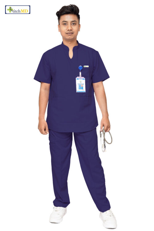 StitchMD Prima Mens Mandarin Collar Scrub Suit with 7 Pockets-Navy Blue