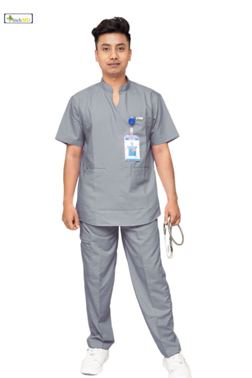 StitchMD Prima Men’s Mandarin Collar Scrub Suit with 7 Pockets-Dark Grey
