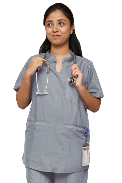 StitchMD Women’s Mandarin Collar Plain Scrub Top with 3 pockets-Dark Grey