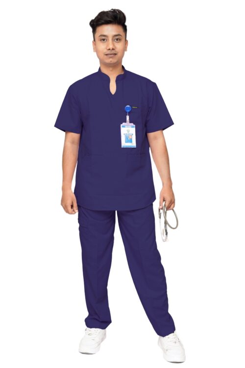 StitchMD Mens Mandarin Collar Scrub Suit with 7 Pockets-Navy Blue
