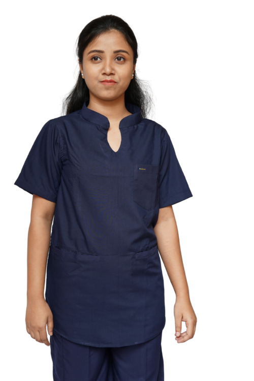 StitchMD Women Mandarin Collar Plain Scrub Top with 3 pockets-Navy Blue