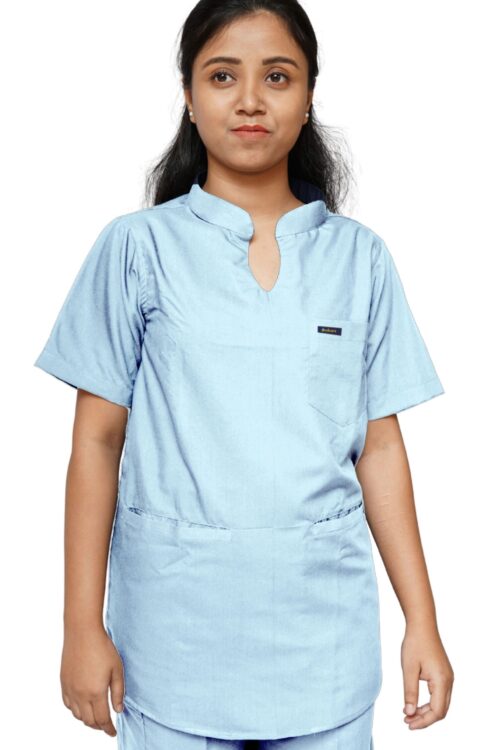 StitchMD Women’s Mandarin Collar Plain Scrub Top with 3 pockets-Medical Blue