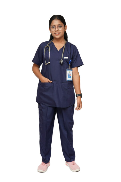 StitchMD Classic Scrub Suit for Women – V-Neck | Navy Blue | 7 Pocket Utility Design