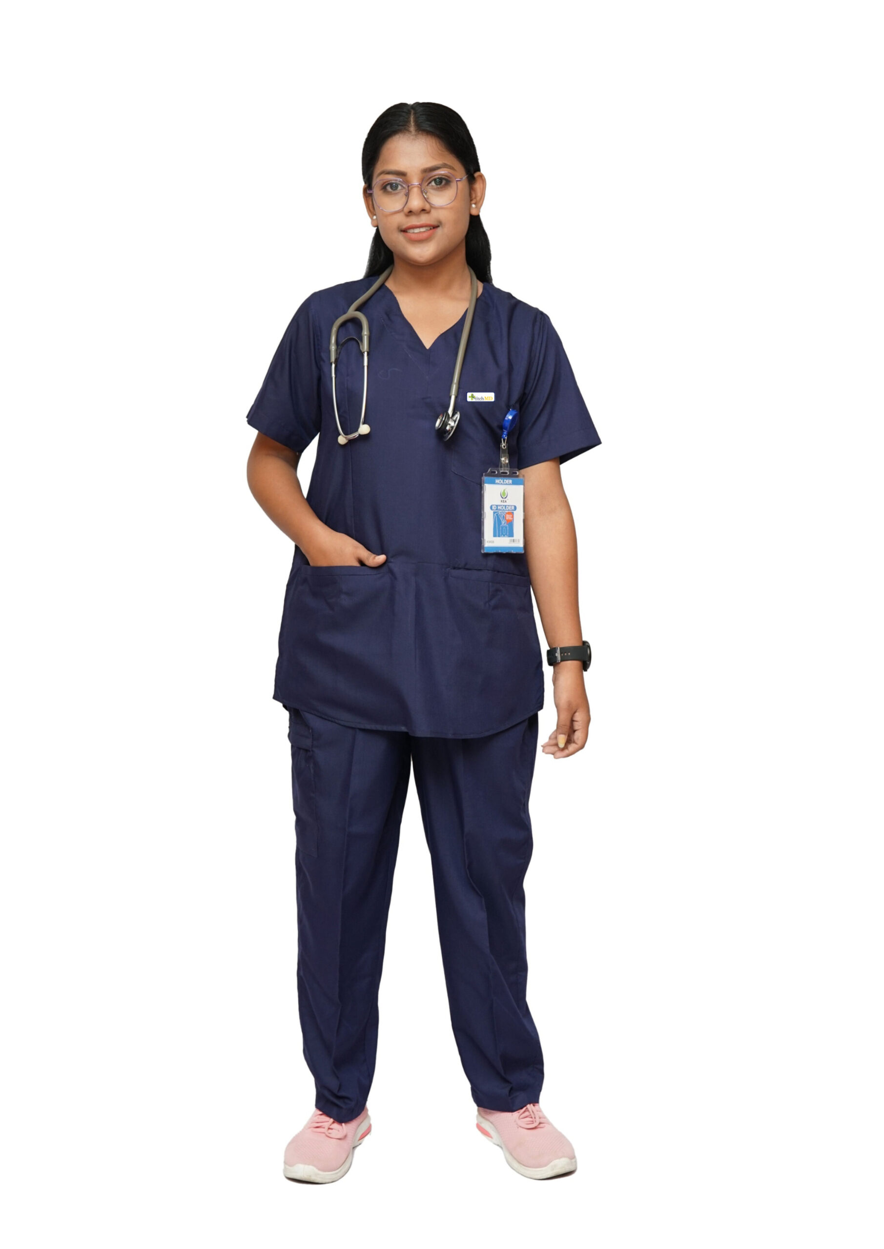 StitchMD Prima Classic Scrub Suit for Women – V-Neck | Navy Blue | 7 Pocket Utility Design