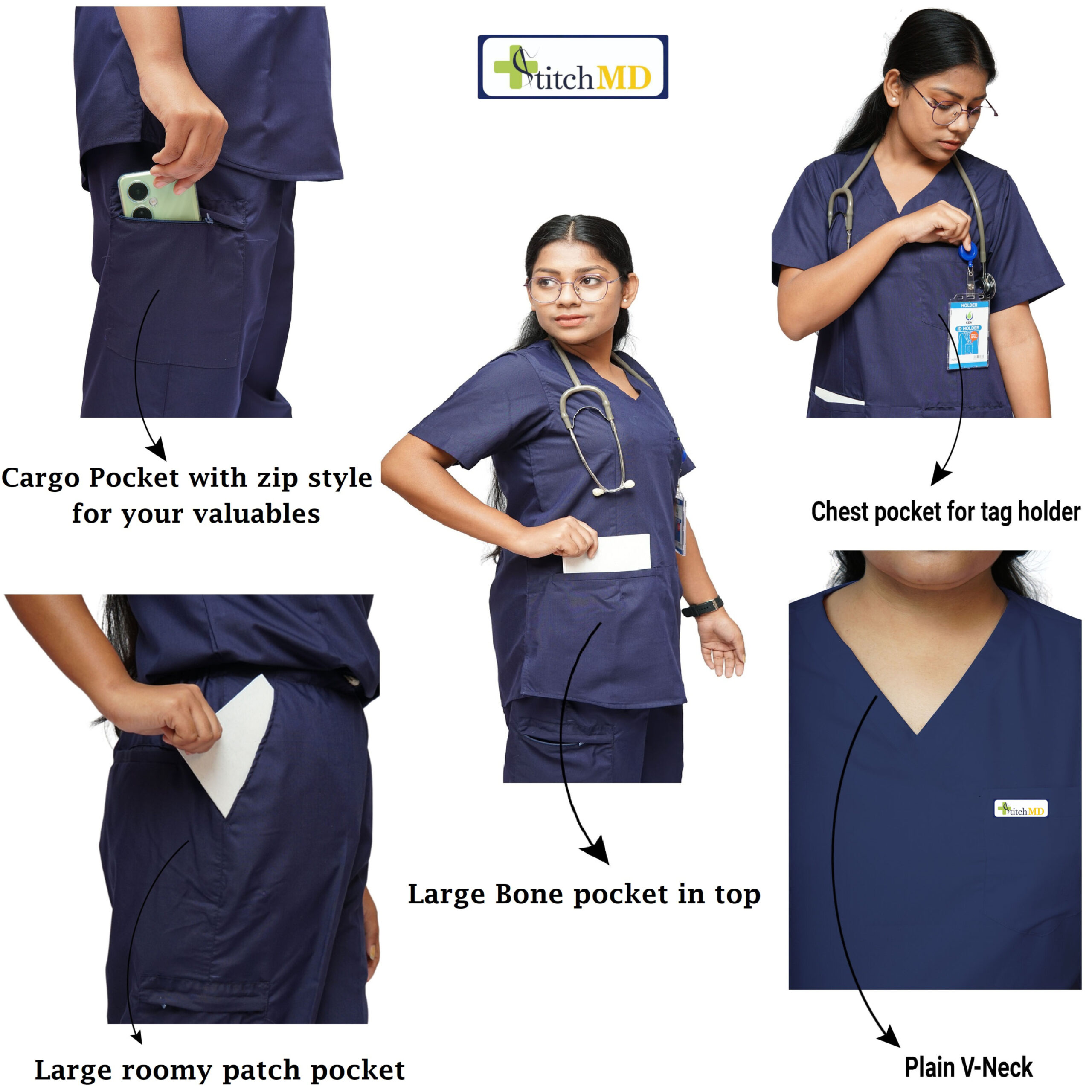 StitchMD Prima Classic Scrub Suit for Women – V-Neck | Navy Blue | 7 Pocket Utility Design - Image 4