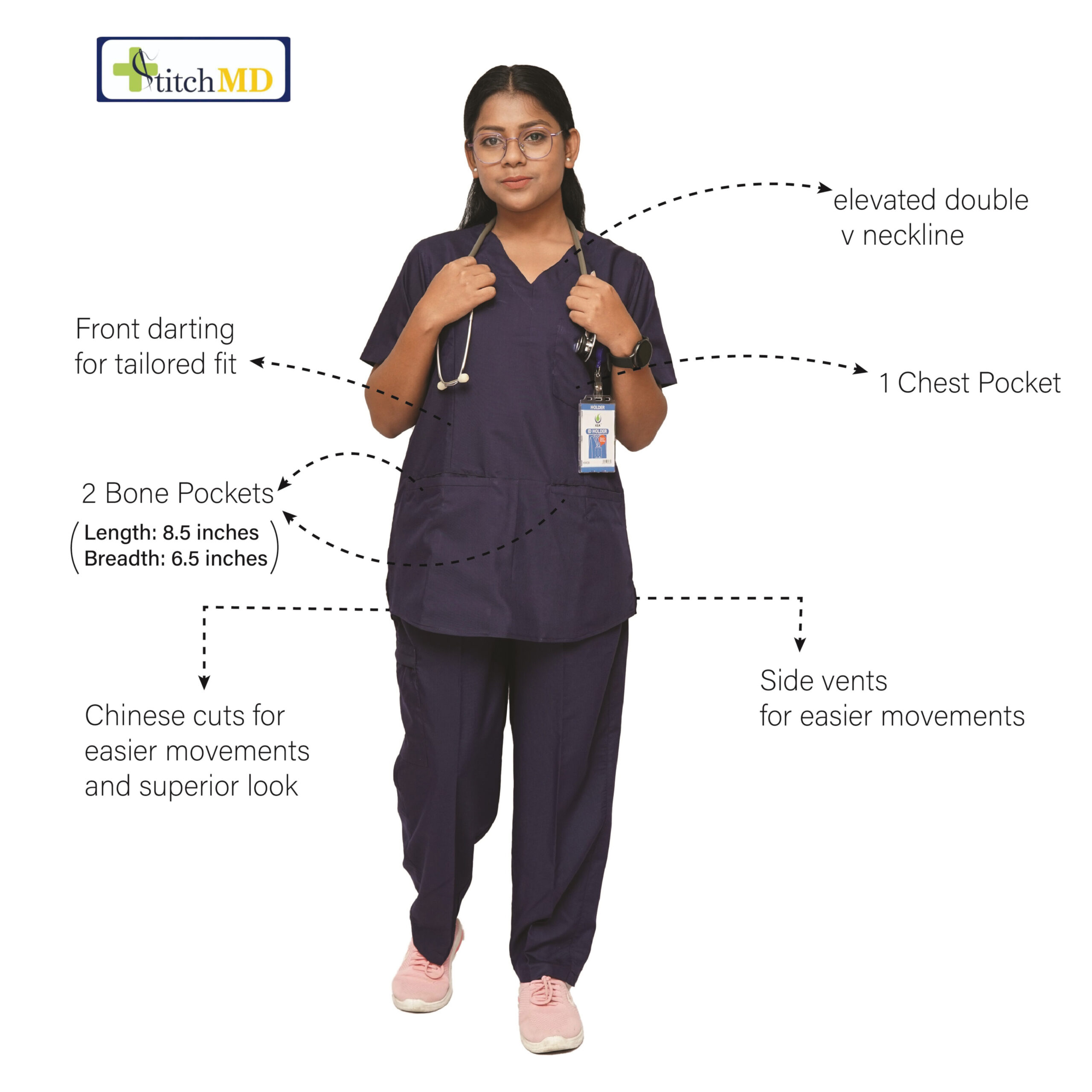StitchMD Prima Classic Scrub Suit for Women – V-Neck | Navy Blue | 7 Pocket Utility Design - Image 3