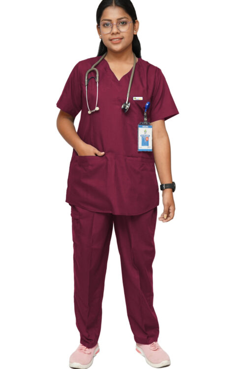 StitchMD Womens V-neck Scrub Suit with 7 pockets (Chilly Maroon ) Ideal for Doctors & healthcare workers