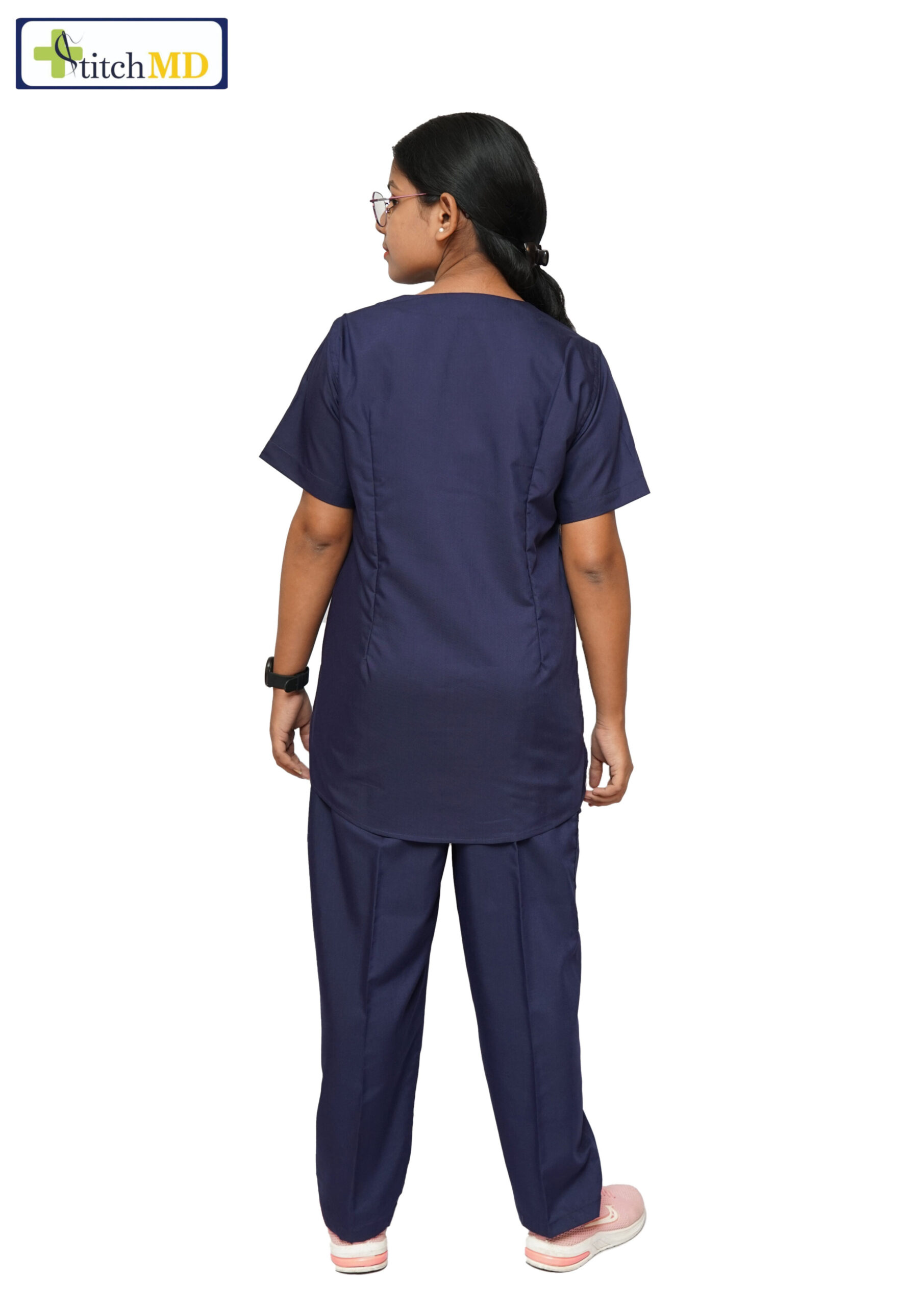 StitchMD Prima Classic Scrub Suit for Women – V-Neck | Navy Blue | 7 Pocket Utility Design - Image 2