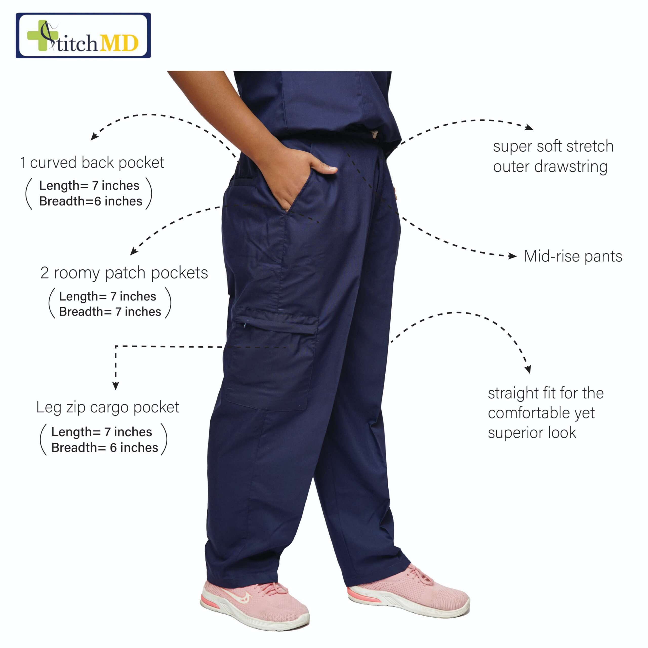 StitchMD Prima Classic Scrub Suit for Women – V-Neck | Navy Blue | 7 Pocket Utility Design - Image 5