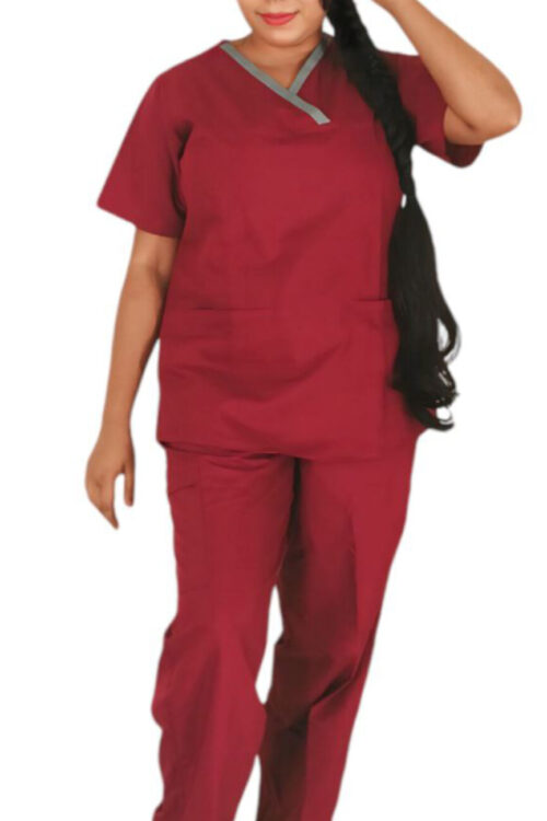 StitchMD Womens V-neck Scrub Suit with 6 pockets (Chilly Maroon ) perfect for doctors, surgeons & medical workers