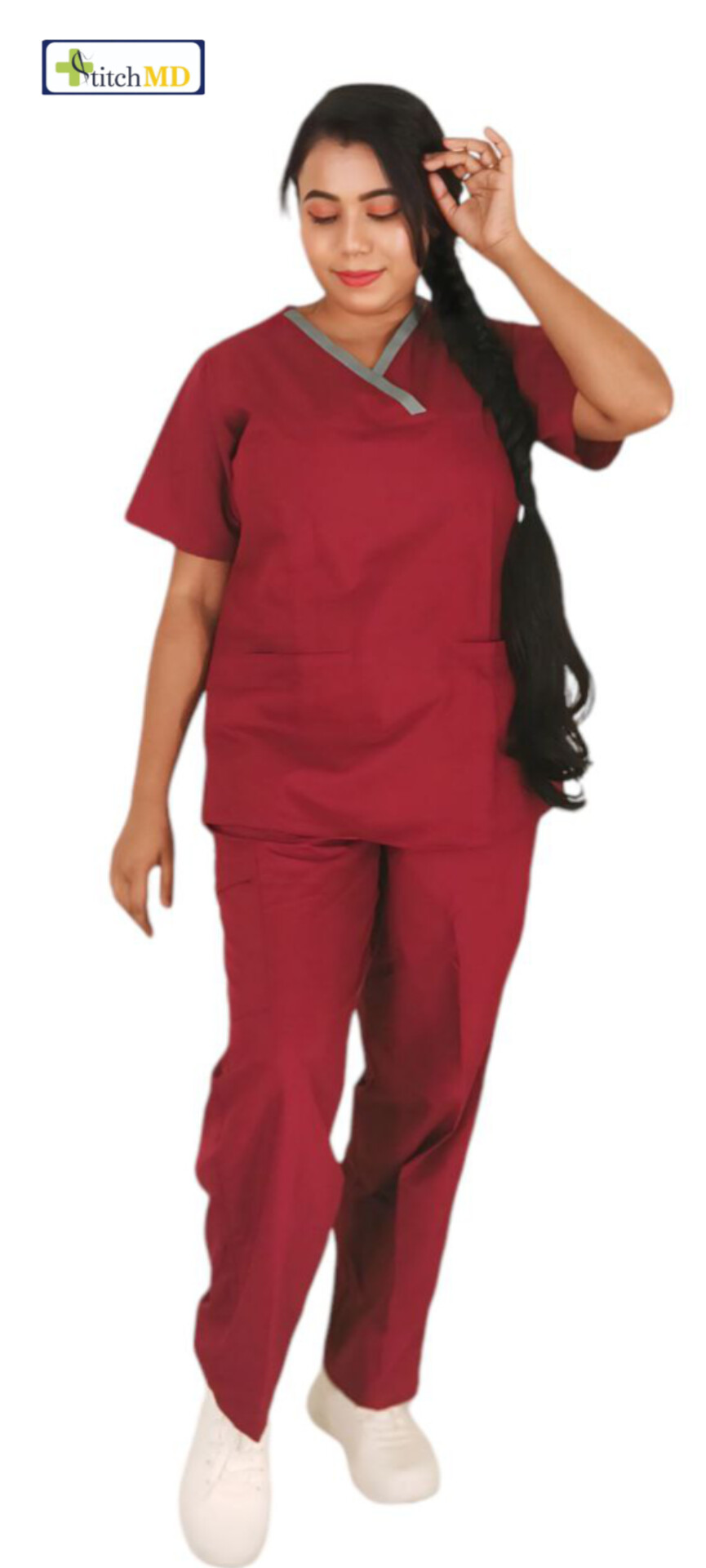 StitchMD Prima Womens V-neck Scrub Suit with 6 pockets (Chilly Maroon ) perfect for doctors, surgeons & medical workers