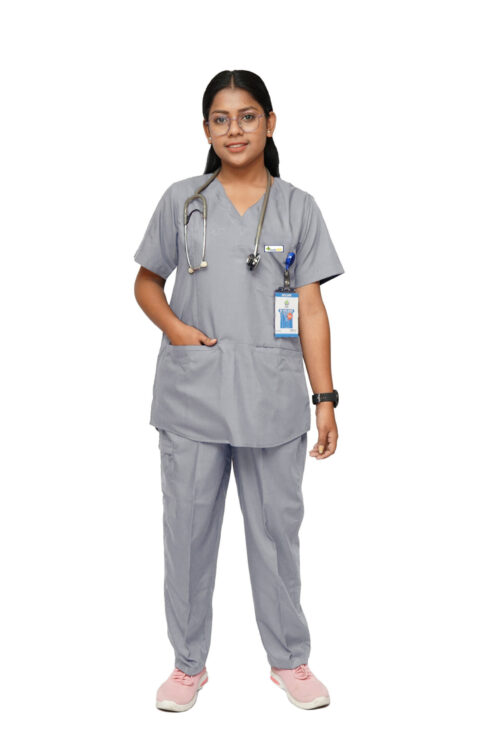 StitchMD Stylish V-Neck Scrub Suit for Women | 7-Pocket Design | Dark Grey
