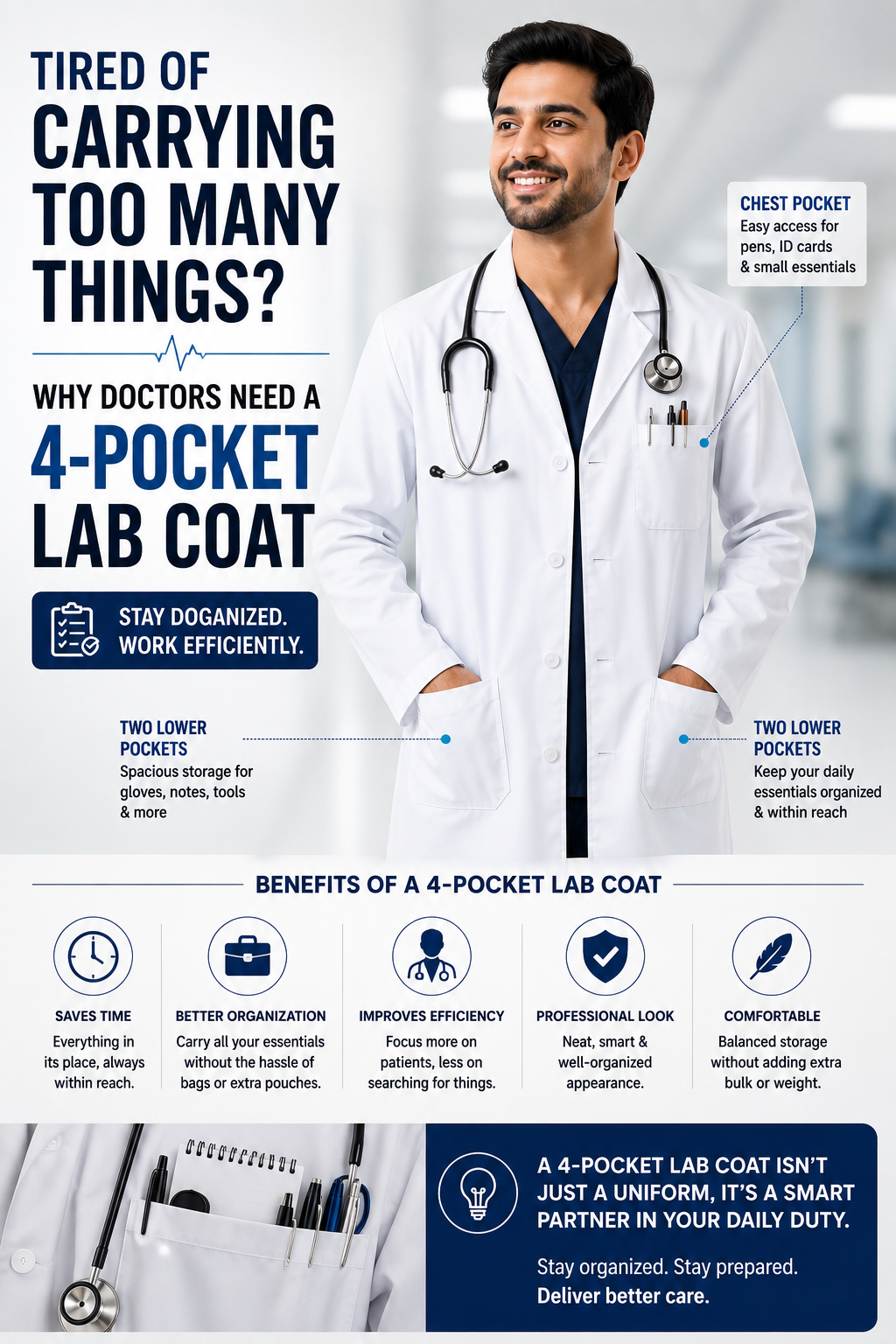 Tired of Carrying Too Many Things? Why Doctors Need a 4-Pocket Lab Coat