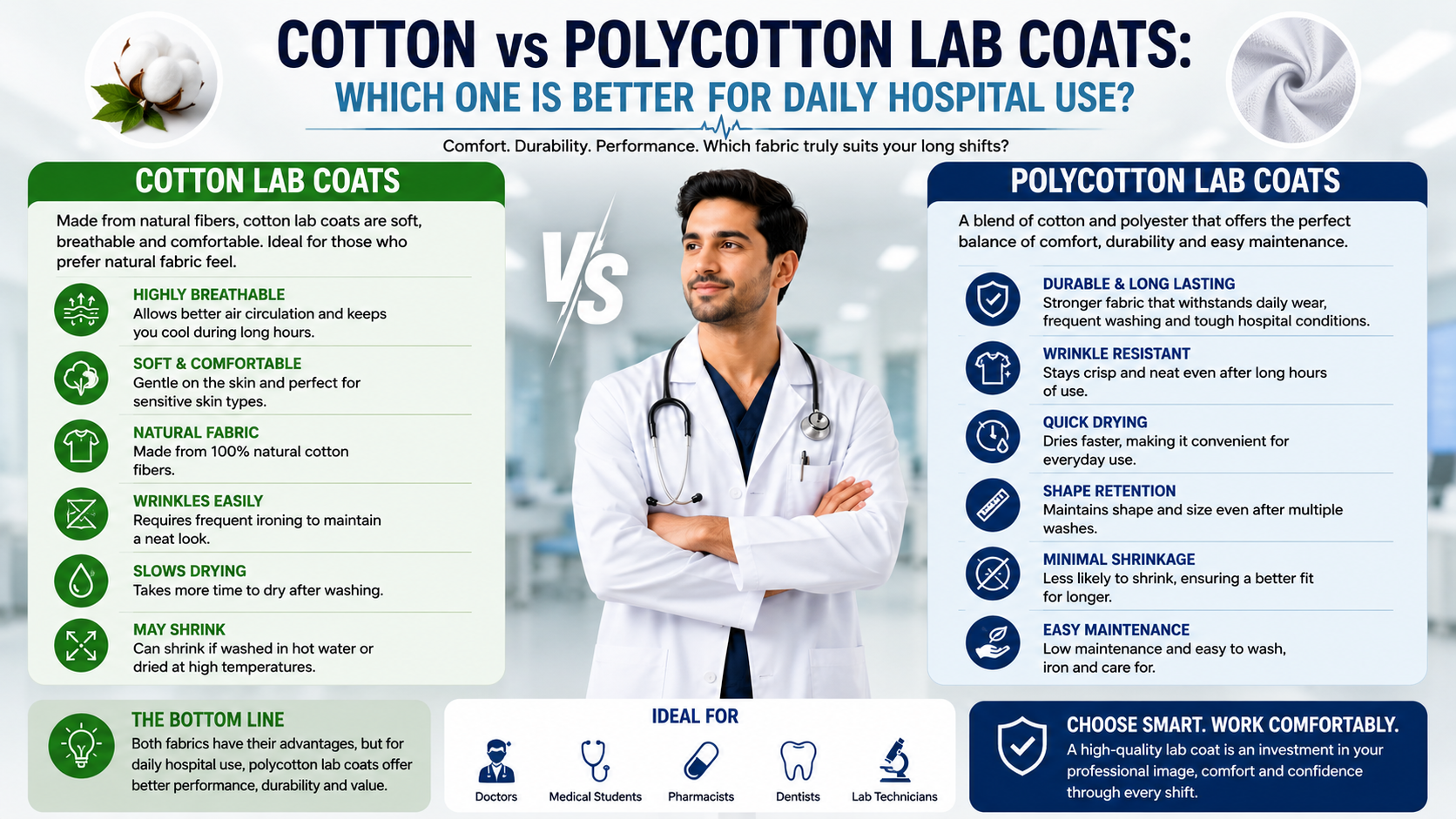 Cotton vs Polycotton Lab Coats: Which One Is Better for Daily Hospital Use?